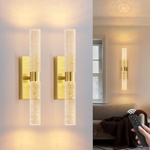 KARTOOSH Gold Rechargeable Wireless Wall Sconce Set of Two, Battery Operated Wall Lights with Remote Control,350°Rotate,3000K/4000K/6000K,Dimmable,Timer,for Living Room,Dining Room,Hallway,15.3 Inch