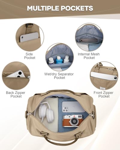 Image of Gym Bag for Women Men Duffle Bags for Travel with Shoe Compartment Shoulder Weekender Overnight Carry on Tote Bags for Airplane Beach Bag Workout Yoga Sport Swimming Khaki