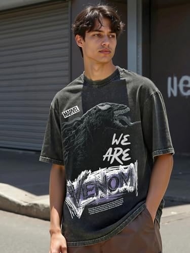 Image of Bewakoof X Marvel Venom Men's 100% Cotton Graphic Print Oversized Fit Half Sleeve Round Neck T-Shirt | Casual Wear | Street Wear | Oversized t Shirt for Men Cotton | Baggy