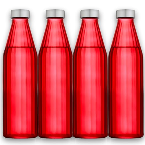 Image of SAND DUNE RedColour Glass water bottle, 800 ml Each, Set of 4, with Leak-Proof Airtight Stainless-Steel Lid for Water, Smoothie, Juices - Reusable Travel Glass Drinking Fridge Bottles