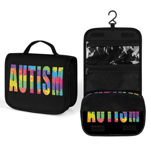 Autism Awareness Puzzles Makeup Bag Portable Hanging Organizer for Travel Wash Bags With Handle And Divider