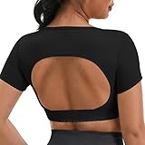 YEOREO Vanessa Women Tee Crop Tops with Removable Pad Workout Backless Gym Shirt Bra Going Out T Shirt Top Black