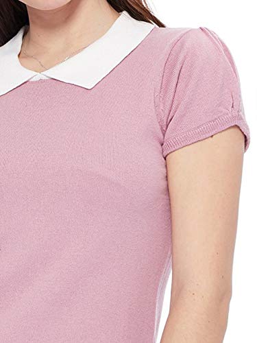YEMAK Women's Knit Sweater Top – Short Sleeve Contrast Collar Puff Shoulder Classic Casual Knitted Soft T Shirt Pullover2