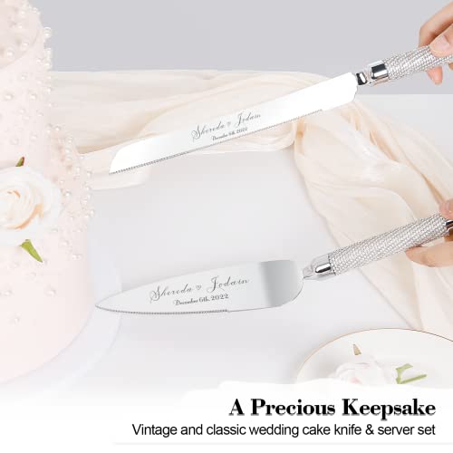 Wedding Cake Knife And Server Set, Personalized Cake Cutting Set, Engraved Elegant Cake Cutters With Sparkling Diamonds, Custom Pie Spatula And Cake Knife, Birthday Bridal Quinceañera Gift (Silver 3) #TOP1