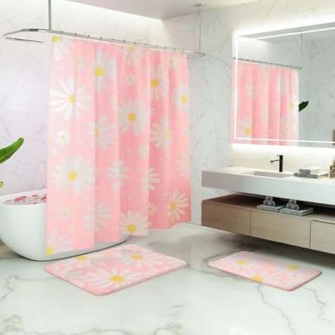 QJHOMO Pink Bathroom Sets with Shower Curtains and Rug Cute Daisy Design Flower Decor Bathroom Accessories with 6 Stainless Steel Hooks (16x24 inch Rug + 36x72 inch Curtain) Cover