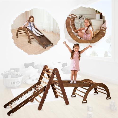 Goodevas 4 in 1 Montessori Indoor Climbing Frame & Set for Toddlers - Wooden Pikler Triangle, Round Arch & Climbing Ramp & Net Indoor Play Gym for Children - Baby Toy Jungle Gym for Toddlers