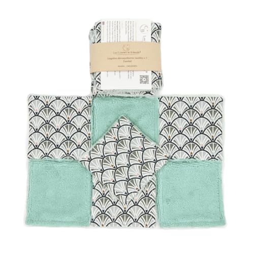 Lingettes démaquillantes lavables bambou, cotons réutilisables, pads, fait main, lot de 7 (Vert à motif)