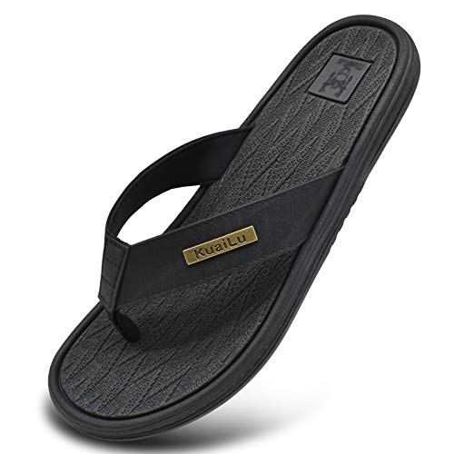 Mens Leather Sport Flip Flops Comfort Arch Support Thong Sandals with Soft Insole for Outdoor Beach Black Size 10