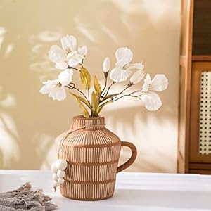 Rustic Farmhouse Vase with Handle and Boho Wooden Beads, Vertical Stripes Terracotta Vase Clay Vase - Ceramic Flower Vase for Vintage Home Décor, Shelf, Table, Bookshelf, Mantle, Entryway Rustic Farmhouse Vase with Handle and Boho Wooden Beads Vertical Stripes Terracotta Vase Clay Vase Ceramic Flower Vase for Vintage Home Decor Shelf Table Bookshelf Mantle Entryway