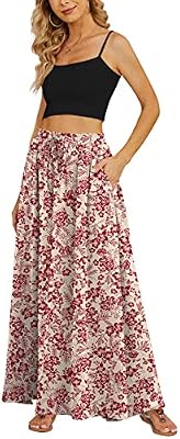 Yincro Womens Maxi Flowy Casual Skirt (Red Flower Beige, L)