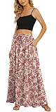 Picture of Yincro Women Flowy Maxi Skirt Summer Pleated High Waisted Casual Long Skirts with Pockets (Red Flower Beige, XL)