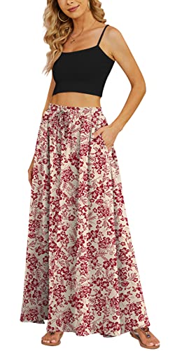Yincro Women Flowy Maxi Skirt Summer Pleated High Waisted Casual Long Skirts with Pockets (Red Flower Beige, XL)