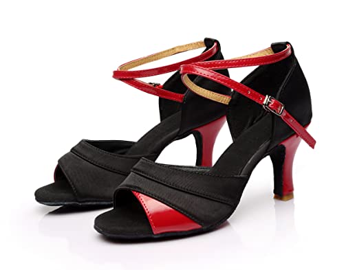 Chaussures de Danse Latine Femme 5 CM Diamant de Salon Femme Salsa Jazz Strass Talon Haut Salle de Bal Salsa Tango Chacha Performance Professionnelle Pratique Chaussures de Danse Noir et Rouge 38 EU Cover