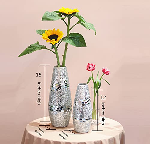 Commoda Tall Handmade Mosaic Crackle Glass Decorative Vase House Decor Table Centerpieces Modern Gifts For Home Decor Holiday Anniversary Celebration 16Inch (Stylor) (Silver) #TOP3