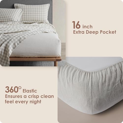 DAPU Pure Linen Sheets Set, Gingham Check Plaid 100% Washed Linen Bedding with Envelope Closure, 4 PCs Hypoallergenic Soft Linen Sheets Set, Geometric Checkered Pattern in Beige & White, Queen Size