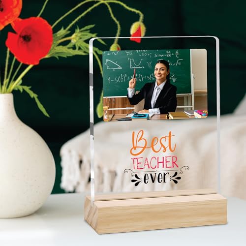 Image of Giftplease Best Teacher Plaque | Personalized Photo Frame with Wooden Stand | Appreciation Gift for Teachers | Teacher's Day Retirement Farewell Gift (Custom Photo & Text CTH 09