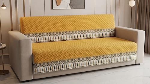 Image of KINGLY Sofa Cover 4 Seater Fully Covered | Stretchable Anti-Slip Slipcover | Washable Furniture Protector | Mustard Yellow | Set of 2 | Seat & Back |
