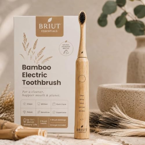 Bamboo Sonic 성인용 전동 칫솔, 100% 천연 말털 칫솔모, 5가지 칫솔질 모드, 40,000 VPM, 최대 30일 배터리, 브러시 헤드 3개 및 충전 베이스 — 사진 6