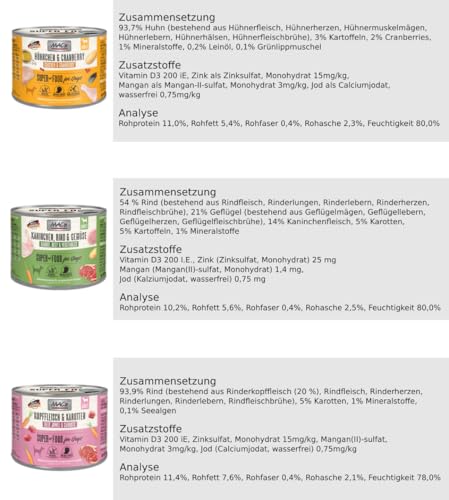 MAC’s Dog 12 x 200g Mix | Garantierte 6 Sorten | Hoher Fleischanteil 90% | Getreidefreies Nassfutter für Hunde | Ohne Zucker & Soja | In der Eifel hergestellt | Praktische 200g Dose