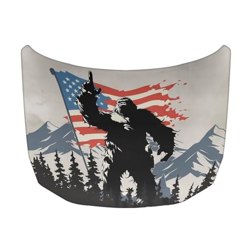 Image of US Flag Bigfoot Printed Car Hood Cover 59x39 Inch Auto Hood Wrap Blankets Stretchable Waterproof Automotive Exterior Accessories for Compact Sedans SUVs Trucks Vans