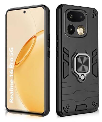Image of WOW IMAGINE Shock Proof Back Case Mobile Cover for Realme 16 Pro 5G | Back Cover Case (Tough Armor | Hybrid PC + TPU | Ring Holder & in-Built Kickstand | Black)