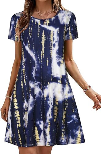 elescat Women's Tshirt Dress Short Sleeve Pockets Loose Fit Summer Dresses Casual Plus Size Cover Ups(Deep Blue Tie Dye, L)