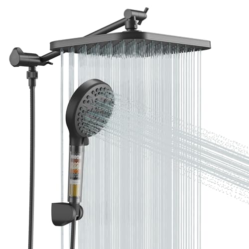 Combo de cabezal de ducha manual JOMOO, 10 modos de rociado, ducha de alta presión con cabezal cuadrado de 12", set de ducha dual con manguera de 71 pulgadas, negro mate miniatura 1
