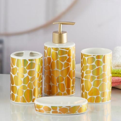 Image of Kookee Ceramic Bathroom Accessories Set of 4, Modern Bath Set with Liquid handwash Soap Dispenser and Toothbrush Holder, Luxury Gift Accessory for Home, Gold /White (10084)