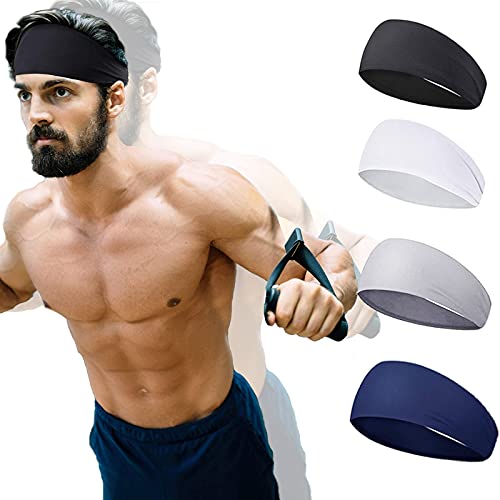 Sports Headbands for Men and Women (4 Pack) - Lightweight Moisture Workout Sweatbands for Running, Cross Training, Yoga and Bike, NO Slip Sweat Hair band Wicking Athletic Head Wrap Bands Fit Over Hair