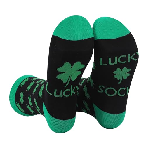 Ainuno St Patricks Day Accessories Men Saint Patricks Day Socks Green Shamrock Black Irish 3 Leaf Print Hosiery for Running Funny St. Pattys Day Crew Socks Quarter Length Size 13-15