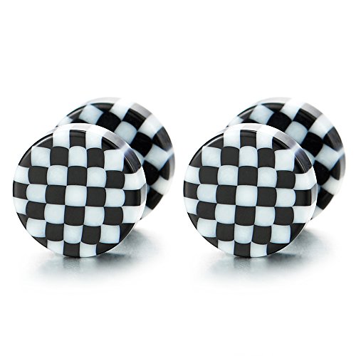 Black White Checker 8mm Circle Screw Stud Earrings for Men Women, Cheater Fake Ear Plug Gauge Tunnel