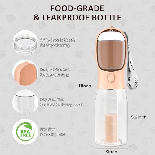 Image of 20oz Dog Water Bottle with Food Container & Poop Bag Dispenser | Leak-Proof Portable Pet Water Dispenser with Carabiner Clip | for Walking, Hiking, Travel (Peach, 20oz)