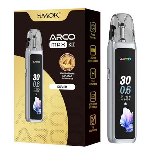 SMOK ARCO MAX Conjunto de sistema Pod Vape 1300 mAh potência 5 W - 30 W ecrã TFT de 2,25 polegadas 3 ml, enchimento superior Pods Mesh 0,6SJFS Fluxo de ar tipo C sem níquel prateado
