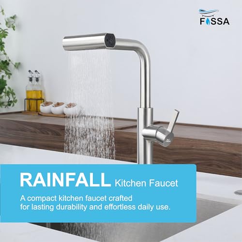 Image of Fossa Pull-Out Kitchen Faucet | Stainless Steel Sink Faucet with Single Lever Control | Rainfall & Waterfall Flow Modes | 360 Swivel Spout | Pull-Out Spray for Kitchen Sinks Silver (Matte Finish)