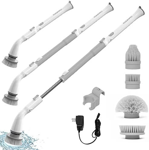 Electric Spin Scrubber, Cordless Power Scrubber with 4 Replaceable Brush Heads, Electric Cleaning Brush with 3 Level Adjustable Extension Handle / 2 Speeds for Bathroom, Tub, Tile, Floor, Kitchen