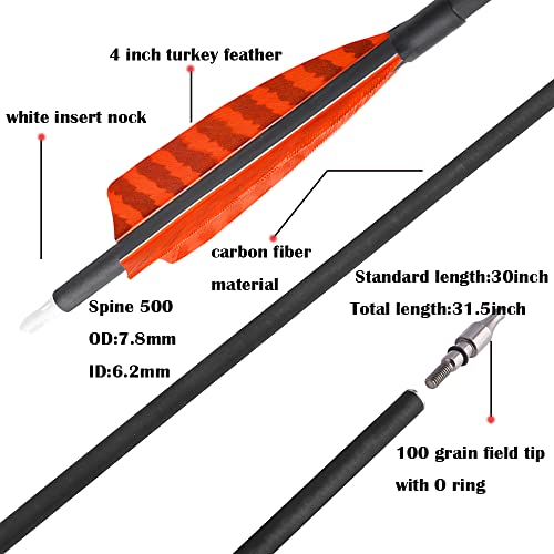 30 Inch Archery Carbon Arrows Hunting Arrows With 4" Camo Feather Fletching 100 Grain Replaceable Points Targeting Practice Arrows Spine 500 For Recurve Bow Compound Bow Longbow (12 Pcs, Orange) #TOP2