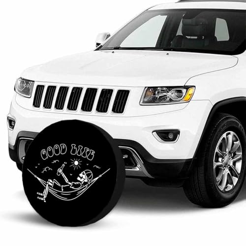 Image of Skeleton in Hammock Spare Tire Cover Beautiful Life White Black Background Wheel Covers for RV Tires Camper Tire Case Protectors for Trailer Rv SUV Truck Travel Trailer 17 in