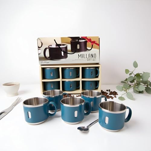 Image of Premium Stainless Steel Coffee Mug Set | 6 Pc Gift Set (150ml Each) | Double Wall & Insulated & Reusable Cups | Ideal for Gifting, Home, Office Use (Blue)