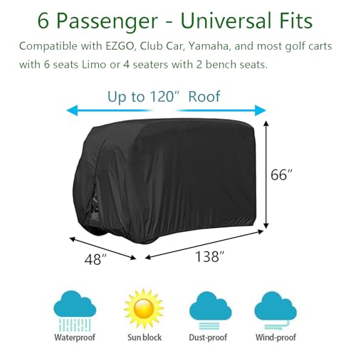 FLYMEI 6 Passenger Golf Cart Covers, Waterproof Outdoor Golf Cart Cover for EZ GO Club Car Yamaha Golf Carts, Dustproof 6 Seat Club Car Cover Golf Cart Seat Covers, 138\'\' L x 48\'\' W x 66\'\' H, Black