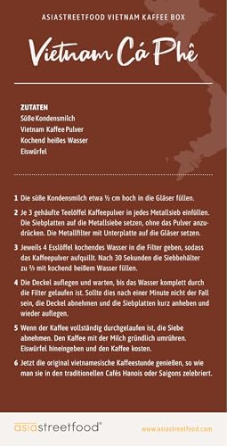 asiastreetfood Vietnam Kaffee Box mit Rezeptkarte – 500 g vietnamesischer Kaffee & gezuckerte Kondensmilch – 2 Metallfilter & 2 Kaffeegläser von Trung Nguyen
