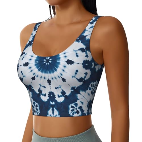 Women Girls Yoga Vest U-Shaped Back Comfort Fit Tops with Bralette Pads Removable Outfit for Gym Exercise, Blue Indigo Tie Dye Art