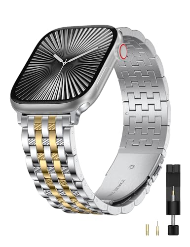 Image of W-RARA Compatible with Apple Watch Band 38 /40 /41 /42 /44 /45 /46 /49mm Women Men, Dressy Stainless Steel Seven-link Horizontal Texture Metal Strap for iWatch Series 11 10 9 8 7 6 5 4 SE Ultra 3 2 1