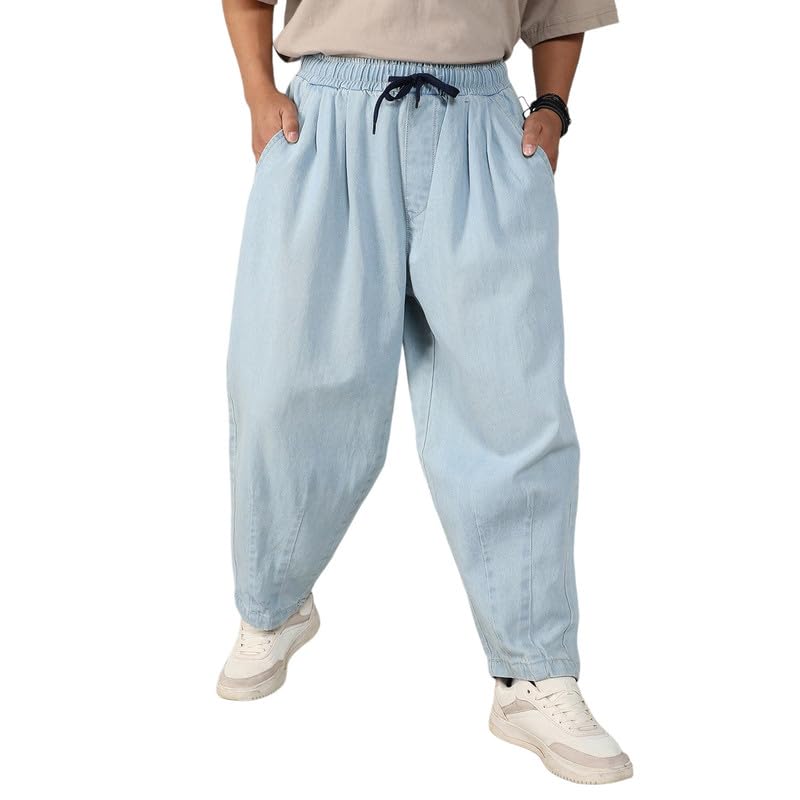 Campus Sutra Men’s Baggy Denim Jeans for Casual Wear | 2 Pockets | Mid- Rise | Drawstring Closure | Denim Jeans Crafted with Comfort Fit for Everyday Wear