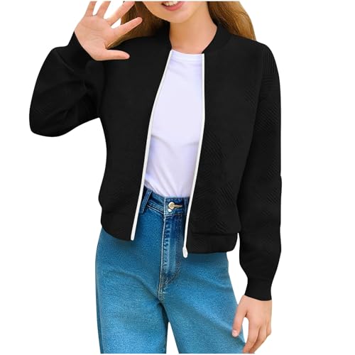 duxyoz Bomber Jackets for Girls - Casual,Long Sleeves,Lightweight,Jacquard,Full Zip Up,Flight Jacket Coats Cropped Baseball Jacket Outwear Black 9-10 Years