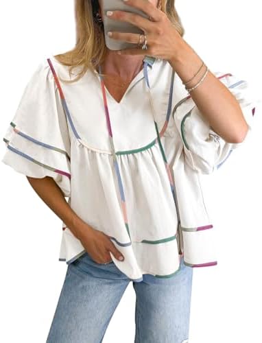 Cicy Bell Womens Summer Babydoll Tops V Neck Short Lantern Sleeve Shirts Cute Loose Fit Peplum Flowy Blouses