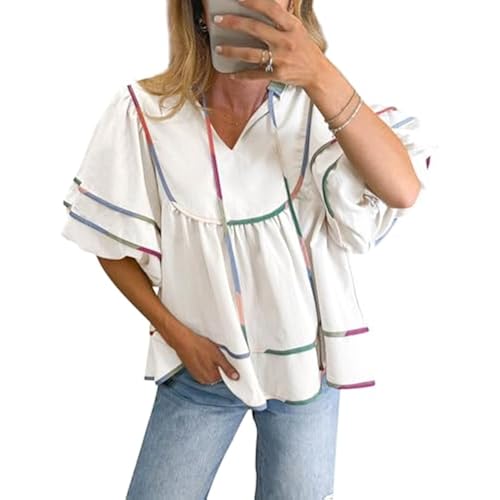 Cicy Bell Women Summer Babydoll Tops V Neck Short Sleeve Flowy Shirt Blouse