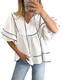 Cicy Bell Womens Summer Babydoll Tops V Neck Short Lantern Sleeve Shirts Cute Loose Fit Peplum Flowy Blouses White