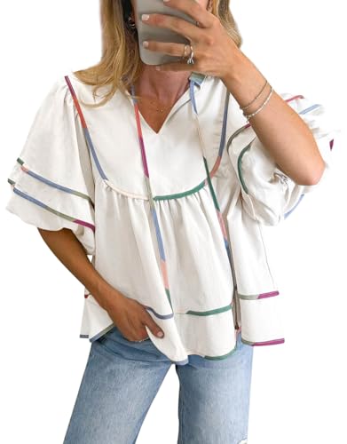 Cicy Bell Womens Summer Babydoll Tops V Neck Short Lantern Sleeve Shirts Cute Loose Fit Peplum Flowy Blouses