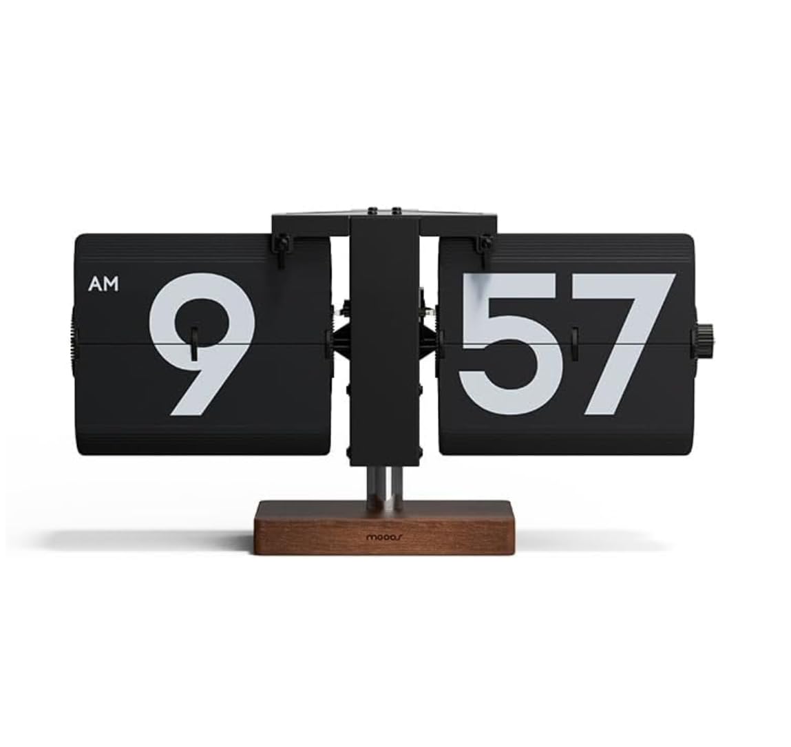 mooas Classic Modern Wood Big Flip Desk Clock (Black), Retro Vintage Analog Design Auto Flip Clock Table Clock Large Number Battery Powered, Ideal for Home Office School Hotel Café
