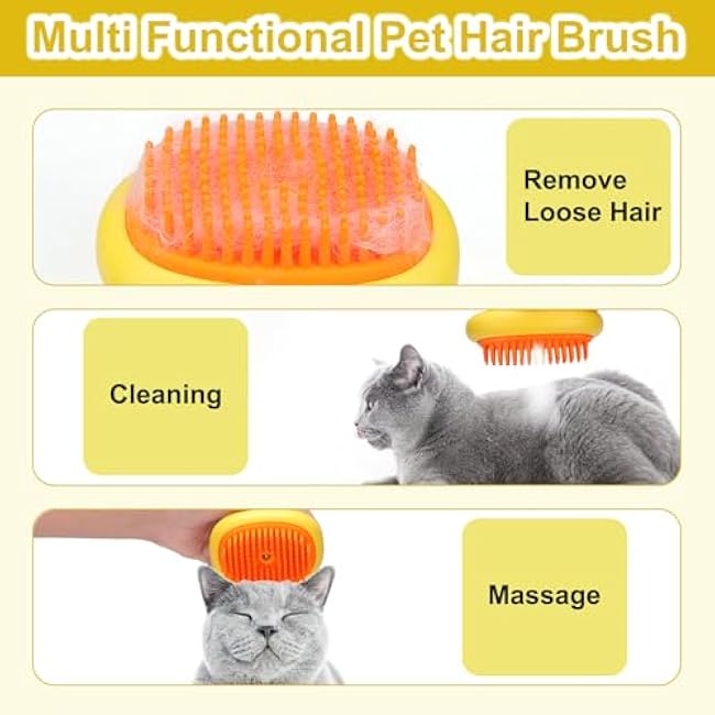 Cat Steam Brush, 3 in 1 Cat and Dog Grooming Brush for Shedding, Pet Hair Cleaning, Silicone Massage, Anti-Static Pet Spray Hair Removal Comb-3SG0uJpS